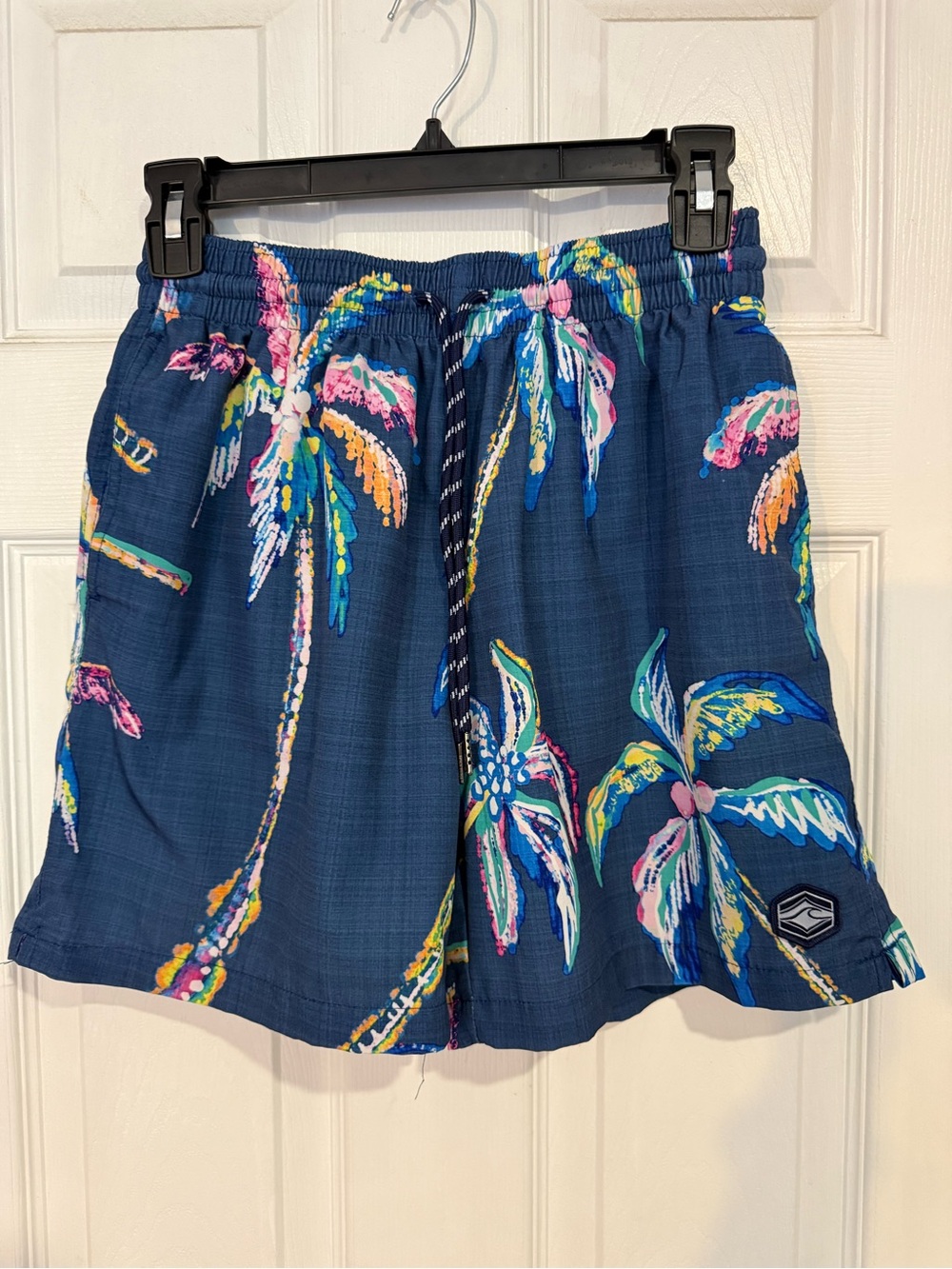 Navy Palm-Print Men's Swim Trunks with Drawstring Waist